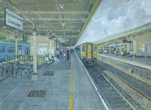 This painting shows the arrival of the Rhymney bound train on platform 6 of Cardiff Central station,Wales.