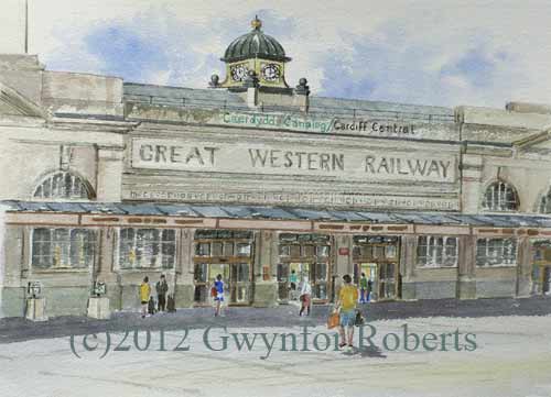 This painting shows the the entrance to Cardiff Central station,Wales.